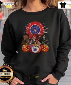 Happy Milwaukee Brewers MLB horror movie Halloween sweatshirt featuring spooky design for fans and festive spirit.