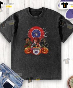 Happy Milwaukee Brewers MLB horror movie Halloween washed t-shirt featuring spooky graphics and team colors.