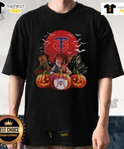 Happy Minnesota Twins MLB horror movie Halloween T-shirt featuring spooky graphics and team logo for festive fans.