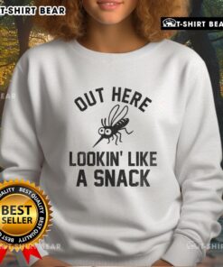 Alt Text: Happy mosquito design on 'Lookin Like A Snack' sweatshirt, perfect for quirky fashion lovers and humor enthusiasts.