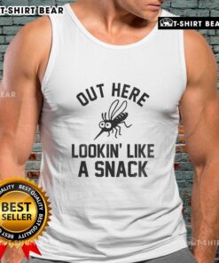 Happy mosquito wearing a tank top labeled 'Lookin' Like A Snack' in a sunny outdoor setting, showcasing playful summer style.