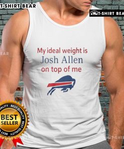 Happy woman wearing a Buffalo Bills tank top with Josh Allen graphic, showcasing her ideal weight inspiration.