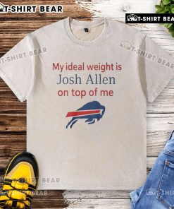Happy fan wearing a 'My Ideal Weight Is Josh Allen' Buffalo Bills washed t-shirt, celebrating NFL spirit and team pride.