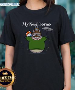 Happy My Neighborino Ladies Tee featuring a vibrant design, perfect for fans of the show and stylish casual wear.