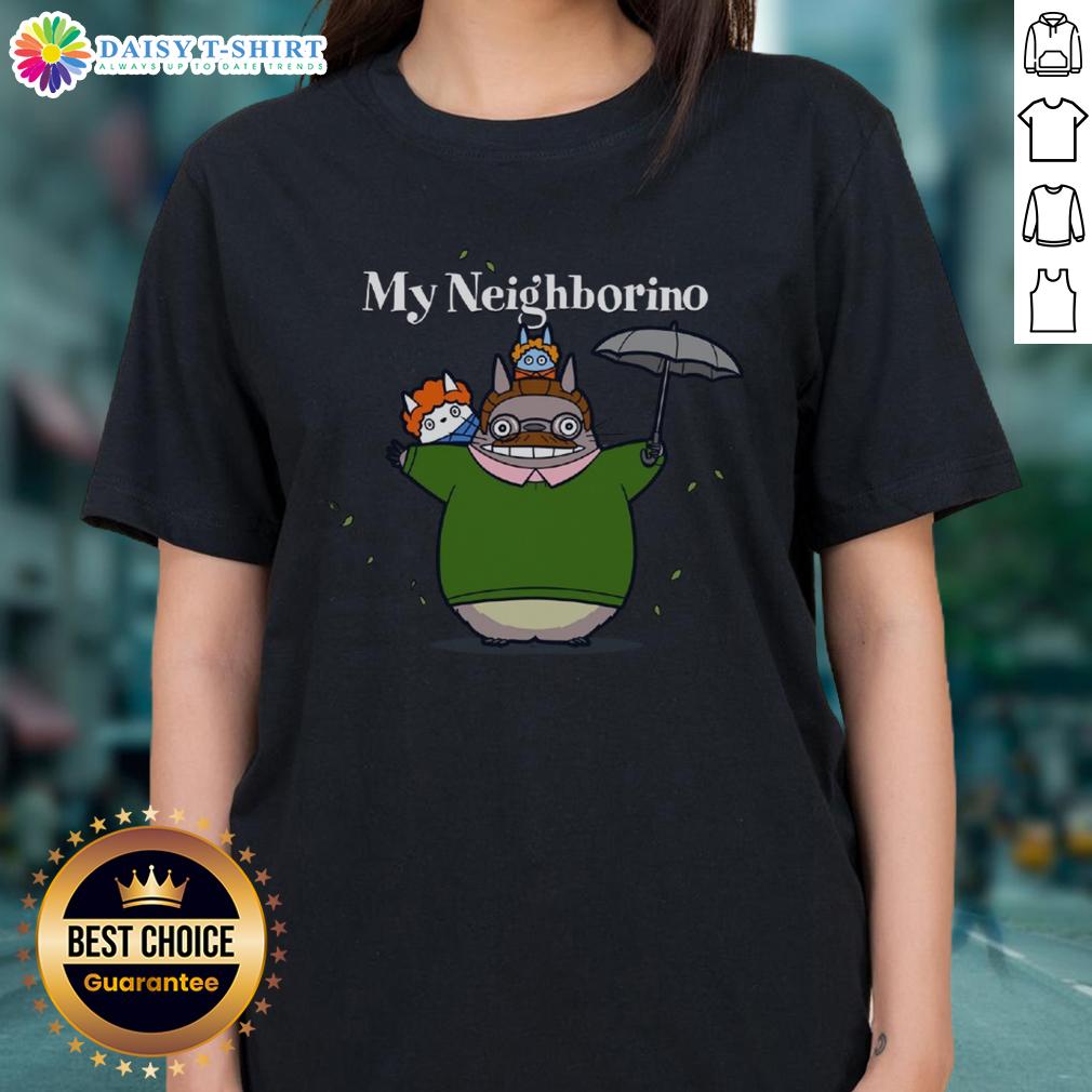 Happy My Neighborino Ladies Tee Happy My Neighborino Ladies Tee featuring a vibrant design, perfect for fans of the show and stylish casual wear.
