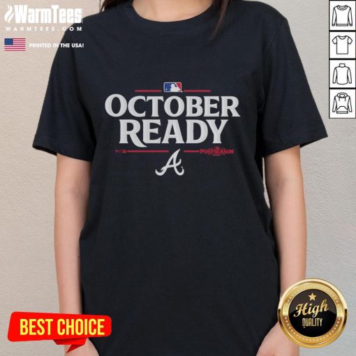 Happy October! Atlanta Braves 2025 postseason ladies tee, featuring team colors and logo for enthusiastic fans.