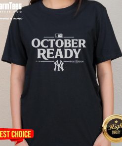 Happy October! New York Yankees 2025 postseason ladies' tee featuring team colors and logo, perfect for baseball fans.