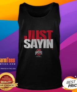Happy Ohio State football fan wearing a 'Julian Sayin Just Sayin' tank top, celebrating game day spirit.