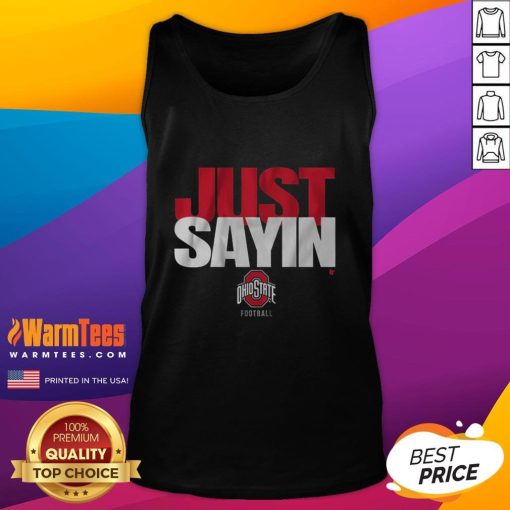 Happy Ohio State football fan wearing a 'Julian Sayin Just Sayin' tank top, celebrating game day spirit.