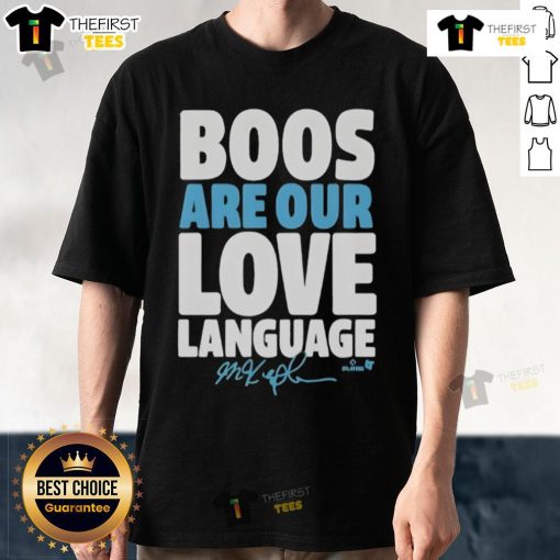 Happy Philadelphia Baseball Phillies Max Kepler T-shirt featuring 'Boos Are Our Love Language' design for fans.