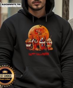Happy San Francisco 49ers Halloween coffee hoodie featuring festive design and team logo for football fans.