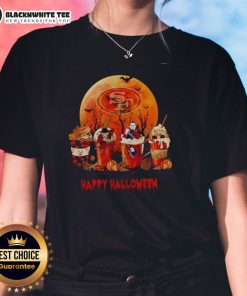Happy San Francisco 49ers Halloween coffee ladies tee featuring festive design perfect for NFL fans celebrating Halloween.