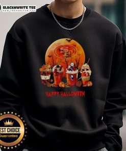 Happy San Francisco 49ers Halloween coffee sweatshirt featuring festive design and team colors for football fans.