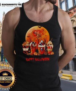 Happy San Francisco 49ers Halloween coffee tank top featuring festive colors and team logo, perfect for NFL fans.