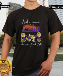 Happy Snoopy and friend in LSU Tigers football t-shirt, celebrating fall and showcasing love for LSU sports.