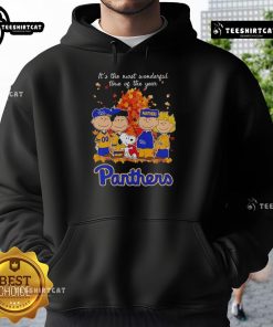 Alt Text: Happy Snoopy and friends in Pitt Panthers hoodie, celebrating autumn's most wonderful time of the year.