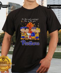 Happy Snoopy and Friends in Pitt Panthers autumn t-shirt, celebrating 'It's the Most Wonderful Time of the Year' season.