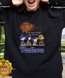 Happy Snoopy and friends in Pitt Panthers sweatshirt celebrating autumn, perfect for sports fans during the most wonderful time of the year.