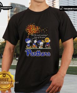 Happy Snoopy and Friends wearing Pitt Panthers gear on an autumn t-shirt, celebrating 'It's the Most Wonderful Time of the Year.'
