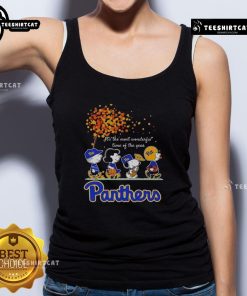 Alt Text: Happy Snoopy and friends in Pitt Panthers gear, celebrating autumn in a fun tank top for sports fans.