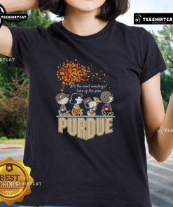 Alt Text: Happy Snoopy and friends in Purdue sports team gear celebrating autumn on a ladies tee, perfect for the season.