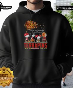 Happy Snoopy and friends in a Terrapins sports team hoodie, celebrating autumn and the most wonderful time of the year.