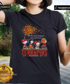 Alt Text: Happy Snoopy and friends in autumn-themed Terrapins sports team tee, celebrating 'It's the Most Wonderful Time of the Year'.