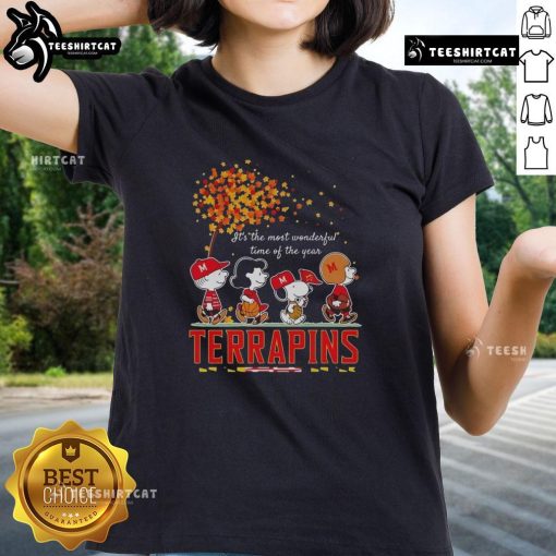 Alt Text: Happy Snoopy and friends in autumn-themed Terrapins sports team tee, celebrating 'It's the Most Wonderful Time of the Year'.
