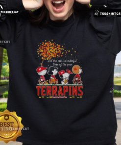 Alt Text: Happy Snoopy and Friends on Terrapins sports team sweatshirt, celebrating autumn and the most wonderful time of the year.