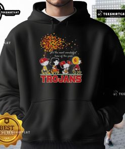 Alt Text: Happy Snoopy and friends wearing Trojans sports team hoodies, celebrating autumn and the most wonderful time of the year.