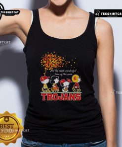 Happy Snoopy and friends wearing Trojans sports team apparel in autumn tank tops, celebrating the most wonderful time of the year.
