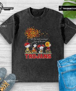 Happy Snoopy and Friends Trojans sports team autumn washed t-shirt, celebrating the most wonderful time of the year.