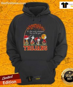 Alt Text: Happy Snoopy and friends wearing Trojans sports team autumn hoodie, celebrating the most wonderful time of the year.