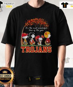 Happy Snoopy and Friends Trojans Sports Team autumn t-shirt featuring festive design for the most wonderful time of the year.