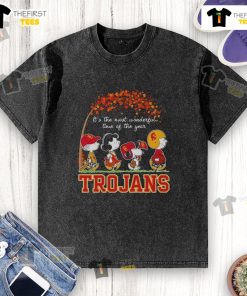 Happy Snoopy and friends in Trojans sports team autumn washed t-shirt, celebrating the most wonderful time of the year.