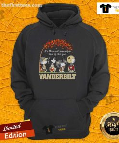 Alt Text: Happy Snoopy and friends in Vanderbilt sports team hoodies celebrating autumn, 'It's the Most Wonderful Time of the Year.'