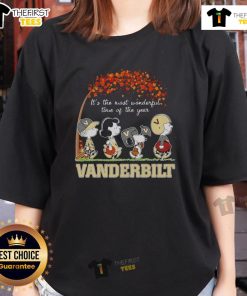 Alt Text: Happy Snoopy and friends wearing Vanderbilt sports team gear on an autumn ladies tee, celebrating the season's joy.