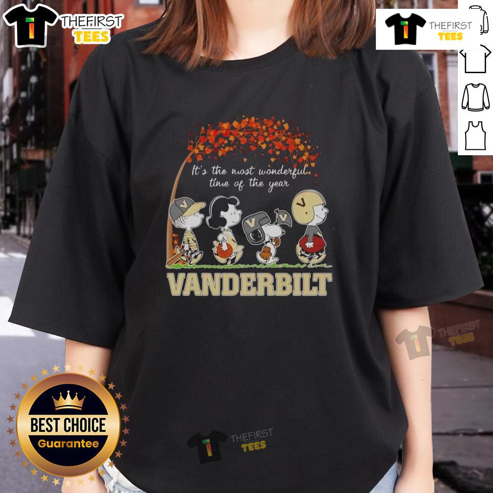 Happy Snoopy And Friends Vanderbilt Sports Team It's The Most Wonderful Time Of The Year Autumn Ladies-Tee Alt Text: Happy Snoopy and friends wearing Vanderbilt sports team gear on an autumn ladies tee, celebrating the season's joy.