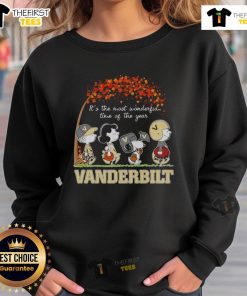 Alt Text: Happy Snoopy and friends celebrate autumn in a Vanderbilt sports team sweatshirt, perfect for 'It's The Most Wonderful Time of The Year.'