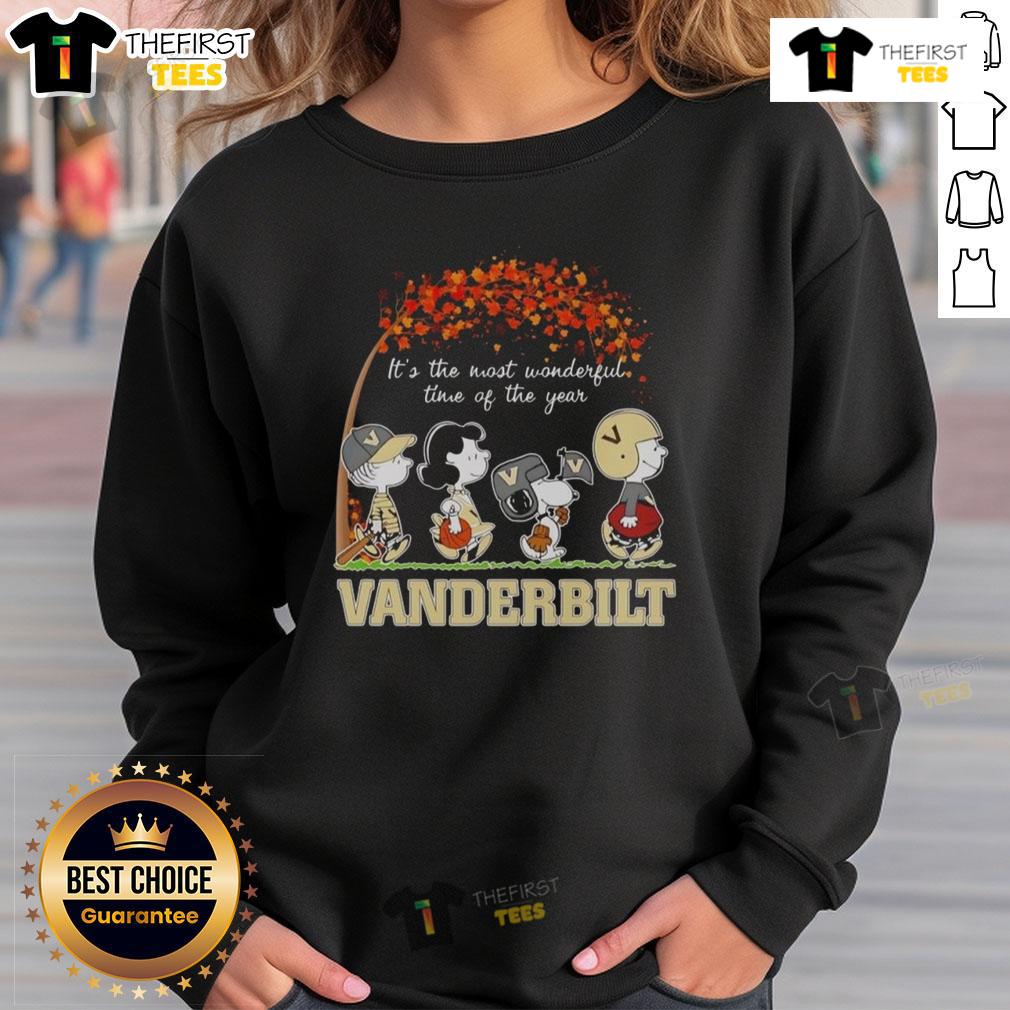 Happy Snoopy And Friends Vanderbilt Sports Team It's The Most Wonderful Time Of The Year Autumn Sweatshirt Alt Text: Happy Snoopy and friends celebrate autumn in a Vanderbilt sports team sweatshirt, perfect for 'It's The Most Wonderful Time of The Year.'