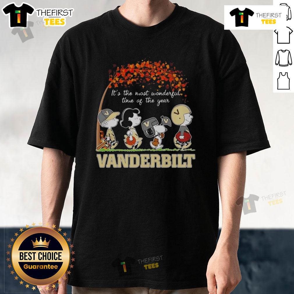 Happy Snoopy And Friends Vanderbilt Sports Team It's The Most Wonderful Time Of The Year Autumn T-Shirt Happy Snoopy and Friends autumn t-shirt featuring Vanderbilt sports team, perfect for celebrating the most wonderful time of the year.
