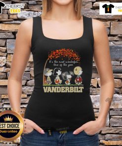Happy Snoopy and friends wearing Vanderbilt sports team gear on an autumn tank top, celebrating the season's joy.