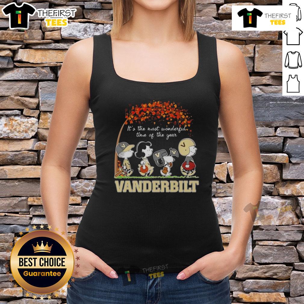 Happy Snoopy And Friends Vanderbilt Sports Team It's The Most Wonderful Time Of The Year Autumn Tank Top Happy Snoopy and friends wearing Vanderbilt sports team gear on an autumn tank top, celebrating the season's joy.