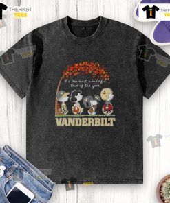 Happy Snoopy and friends in Vanderbilt sports team autumn t-shirt, celebrating 'It's The Most Wonderful Time of The Year'.
