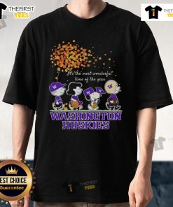 Alt Text: Happy Snoopy and Friends on a Washington Huskies autumn T-shirt celebrating the most wonderful time of the year.