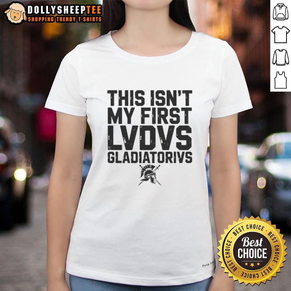Happy This Isn't My First Ludus Gladiatorius Ancient Roman Gladiator School Ladies-Tee Happy woman wearing a 'This Isn't My First Ludus Gladiatorius' tee, celebrating ancient Roman gladiator school style.