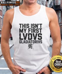 Happy person wearing a tank top featuring 'This Isn't My First Ludus Gladiatorius' design, celebrating ancient Roman gladiator culture.