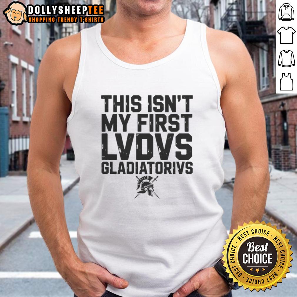 Happy This Isn't My First Ludus Gladiatorius Ancient Roman Gladiator School Tank Top Happy person wearing a tank top featuring 'This Isn't My First Ludus Gladiatorius' design, celebrating ancient Roman gladiator culture.