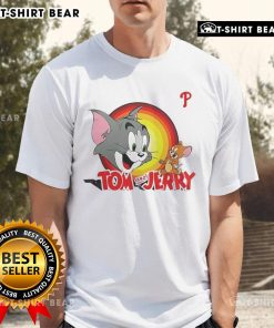 Happy Tom and Jerry X Philadelphia Phillies T-Shirt featuring vibrant graphics of the iconic cartoon duo in team colors.