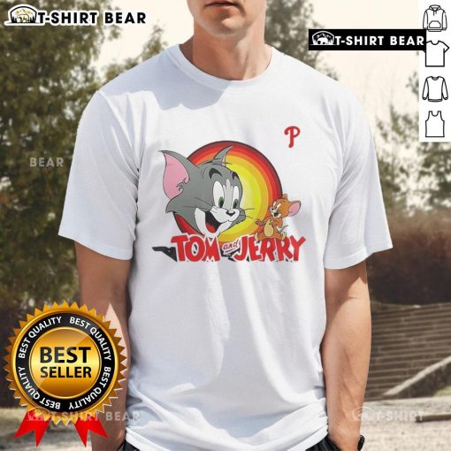 Happy Tom and Jerry X Philadelphia Phillies T-Shirt featuring vibrant graphics of the iconic cartoon duo in team colors.